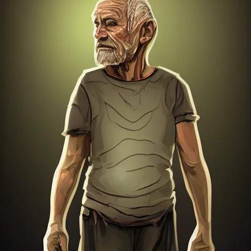 Image similar to detailed half body digital art for a game of a old person wearing ragged and ruined clothes. the background is pure black with a little bit of glow behind the character