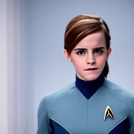 Prompt: Emma Watson in Star Trek, XF IQ4, f/1.4, ISO 200, 1/160s, 8K, Sense of Depth, RAW, Dolby Vision, symmetrical balance, in-frame