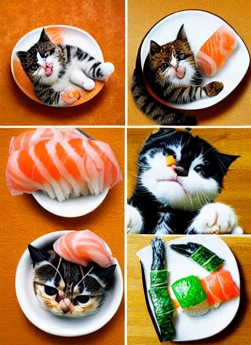 Image similar to clear photorealistic picture of adorable cats made out of sushi