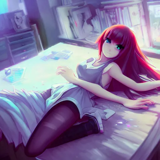 Image similar to digital!! anime art!!, gamer girl in a messy bedroom sleeping on her desk, wlop, rossdraws, artgerm, ross tran