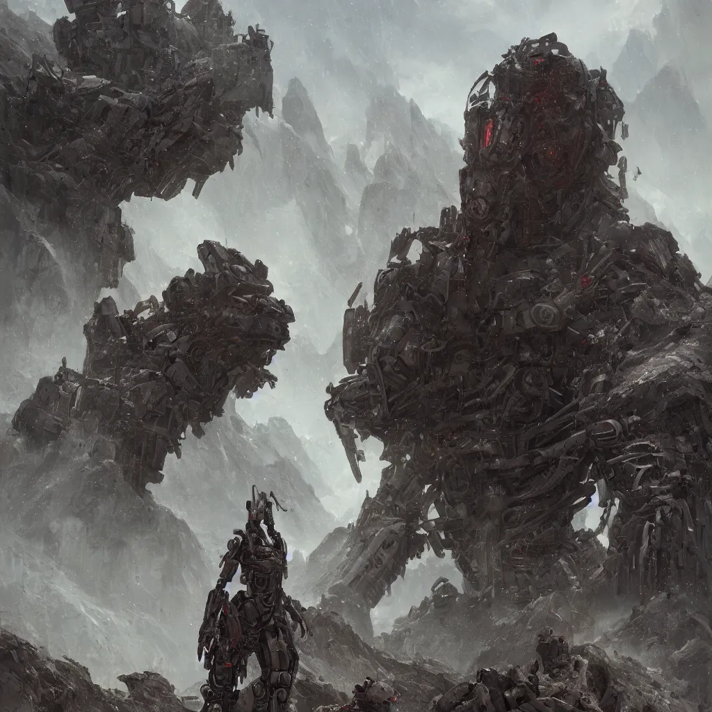 Image similar to a detailed portrait of a giant mechanical humanoid buried half way in the mountains by Greg Rutkowski, Sung Choi, Mitchell Mohrhauser, Maciej Kuciara, Johnson Ting, Maxim Verehin, Peter Konig, final fantasy, Marco lense , 8k photorealistic, cinematic lighting, HD, high details, atmospheric , trending on artstation