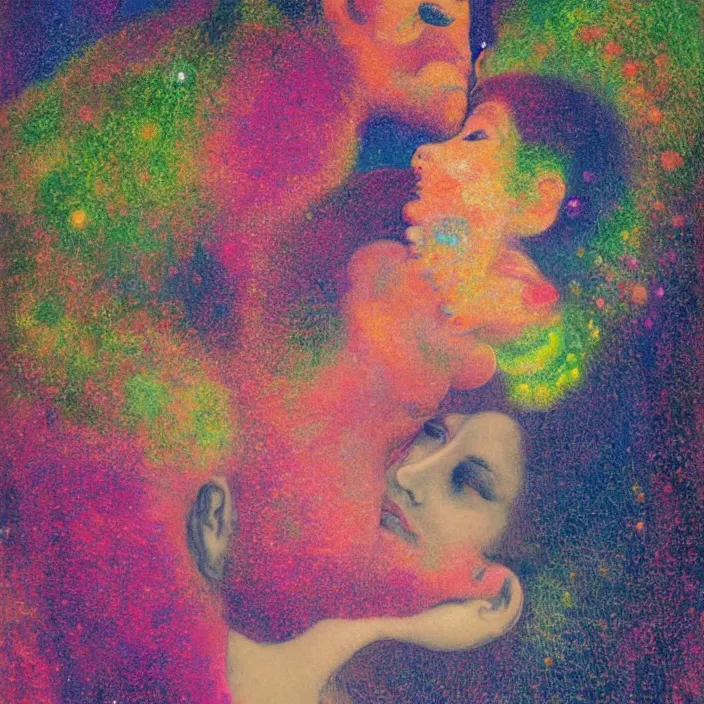 Image similar to close portrait of woman and man kissing. aurora borealis. iridescent, vivid psychedelic colors. painting by arcimboldo, agnes pelton, utamaro, monet