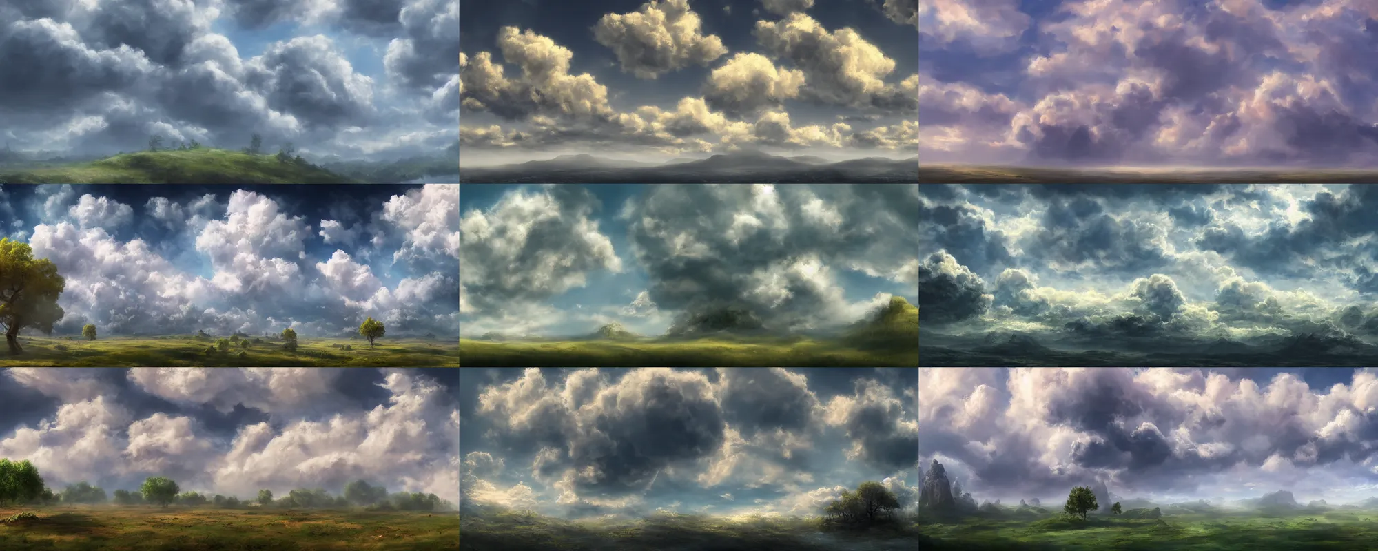 Image similar to peaceful puffy clouds, matte painting, concept art, 4k