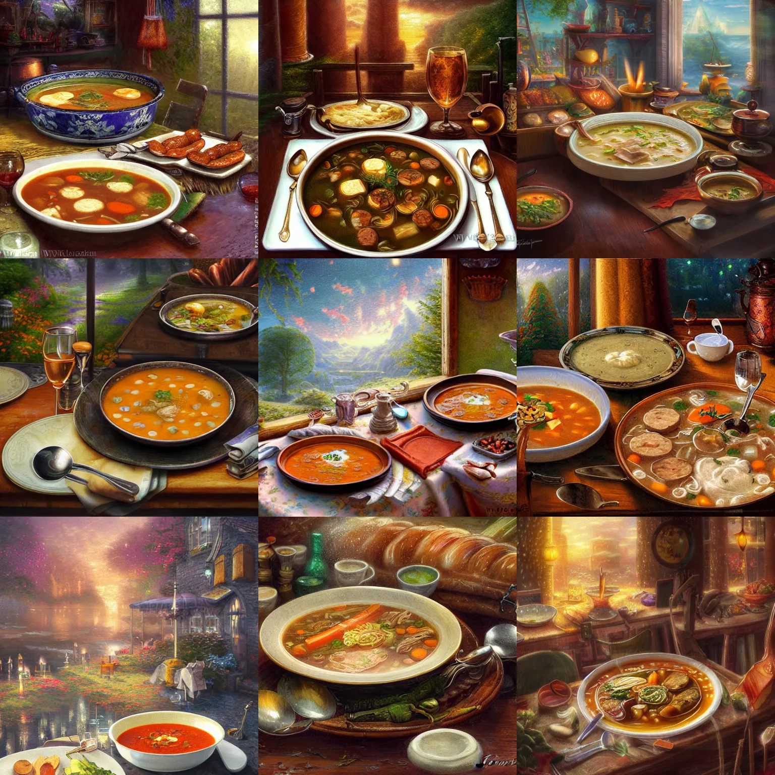 Prompt: table with a plate filled with soup, in the soup there is vegetables and two sausages, fantasy art, fantasy, anime, food focus, magic, highly detailed, by thomas kinkade, by wlop,