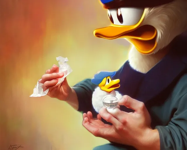 Image similar to realistic photography of donald duck holding a used condom, deep focus, intricate, elegant, highly detailed, digital painting, artstation, concept art, matte, sharp focus, illustration, art by artgerm and greg rutkowski and alphonse mucha