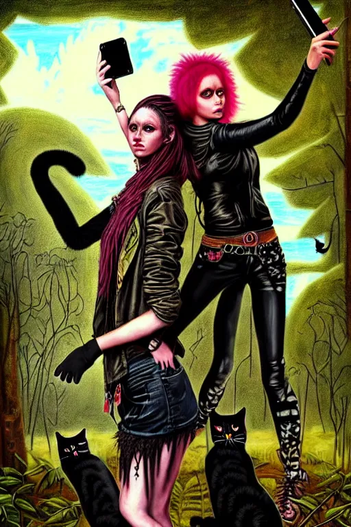 Image similar to punk rock girls making selfie with black cats in jungle , 1980 style, mad max jacket, post apocalyptic, renaissance, highly detailed, digital painting, 4k, oil painting by Leonardo Da Vinci, hyper realistic style, fantasy by Olga Fedorova