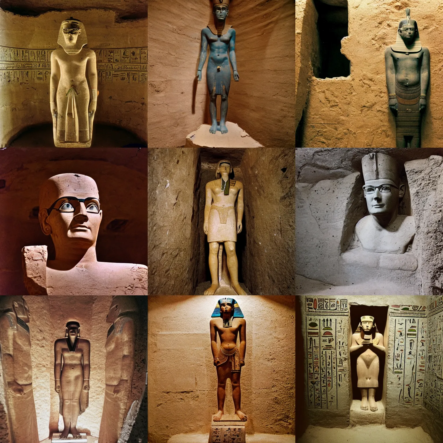 Prompt: photograph of an ancient egyptian statue of hank hill inside an ancient tomb, kodachrome, ominous