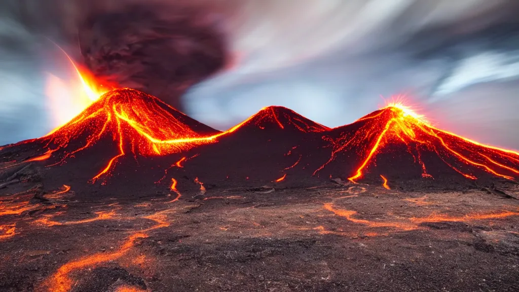 Prompt: landscape photography of an erupting volcano, dramatic lighting, majestic