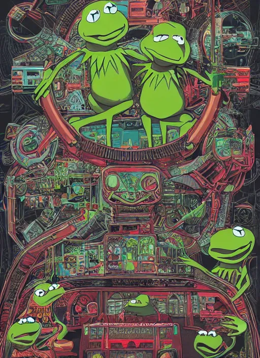 Prompt: Kermit the frog cutaway diagram, Kilian Eng, Dan Mumford, detailed