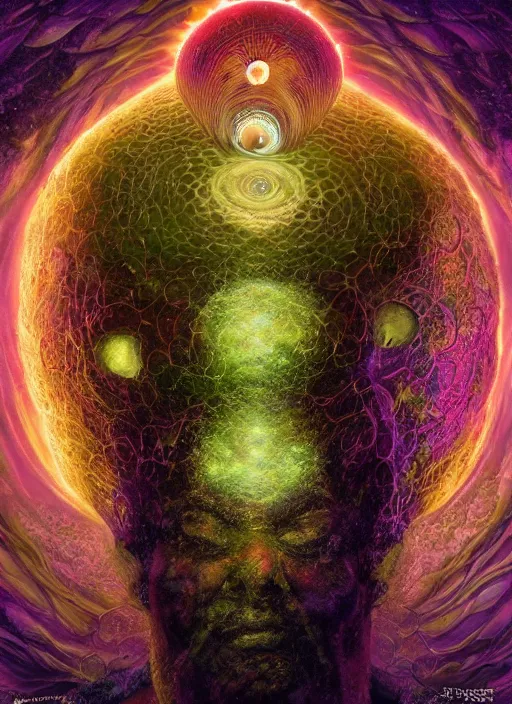 Prompt: enormous mushroom deity of the stars resides inside void manifold, mycelium forms quantum foam, fractal of scary dirac equations, portrait by ross tran, timeline nexus, ascending universes, a dnd illustration of esoteric concept by cgsociety and james gurney, artstation, hdr, rtx, iridescent wise mushroom deity