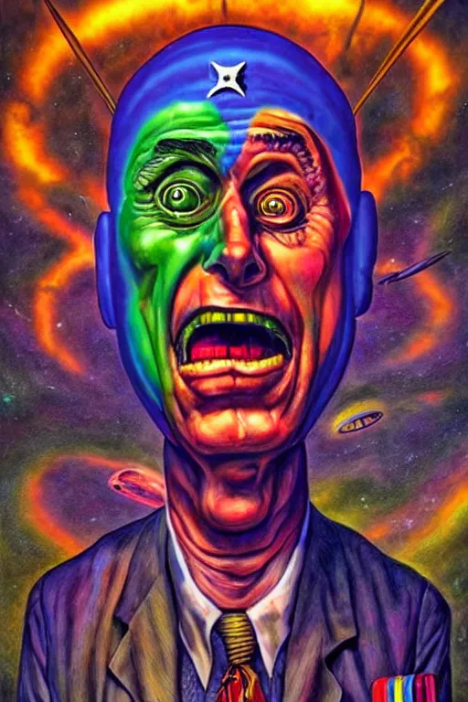 Image similar to subgenius, x - day, aliens, weird stuff, occult stuff, colorful, hyperrealism, dramatic lighting