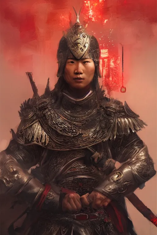 Image similar to chinese warrior, portrait, fierce, intricate, elegant, volumetric lighting, scenery, digital painting, highly detailed, artstation, sharp focus, illustration, ruan jia, steve mccurry