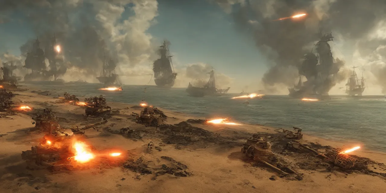 Prompt: wartime fantasy beach landing, explosions, unreal engine, pirate ships in the sea in the distance, 4k