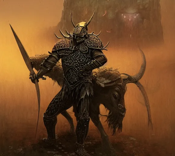 Image similar to minotaur warrior, wearing ancient greek armor, beksinski, wayne barlowe, adrian smith fantasy art, the hobbit art, lord of the ring art, the witcher concept art, trending on artstation, game of throne art