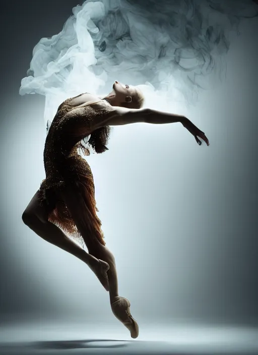 Image similar to a Photorealistic dramatic hyperrealistic render of a glamorous beautiful Female smoke dancer by Ken Brower and Deborah Ory of NYC Dance project,Lois Greenfield,Flowing cloth and smoke,Beautiful dynamic dramatic dark moody lighting,volumetric,shadows,cinematic atmosphere,Octane render,8K