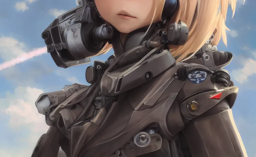 Prompt: zero pilot girl, cyborg aircraft parts, anime style, military pilot clothing, shoulder eyes, last exile anime, hair down, symmetrical facial features, from arknights, hyper realistic, 4 k, rule of thirds, extreme detail, detailed drawing, trending artstation, realistic lighting, by alphonse mucha, greg rutkowski, backlit