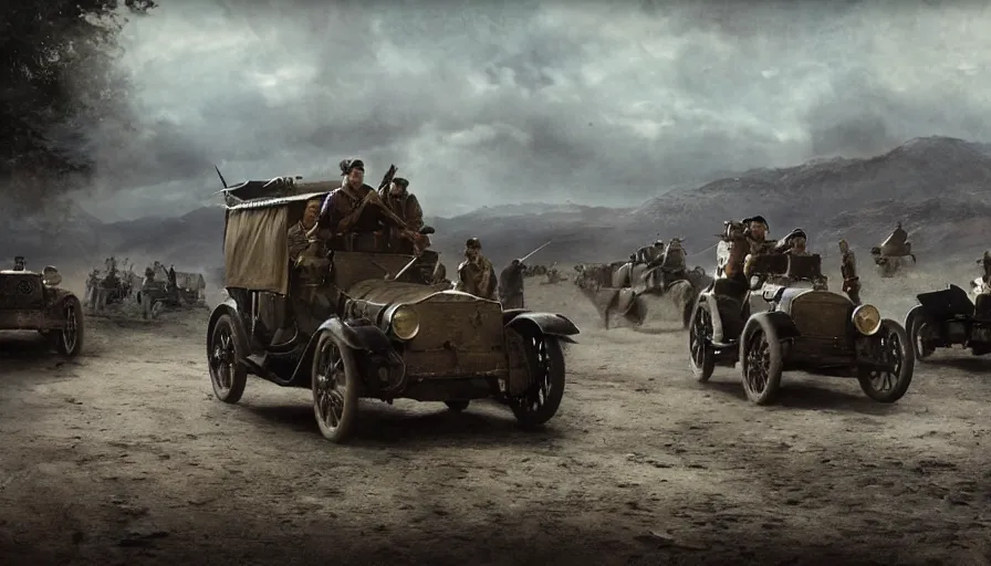 Image similar to british army driving a car in 1921 in indian village, tribe members attacking, action scene, an epic fantasy, dramatic lighting, cinematic, establishing shot, extremely high detail, photorealistic, cinematic lighting, artstation, by christopher nolan, horizon forbidden west