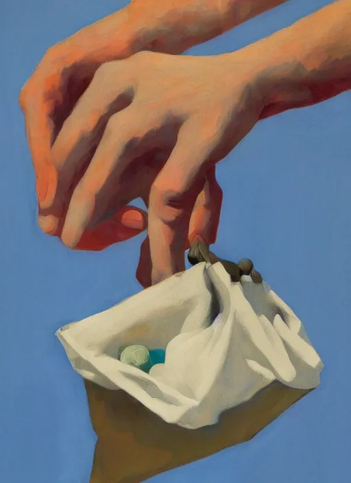 Image similar to three hands holding a bag of stones painted by Edward Hopper and James Gilleard, highly detailed