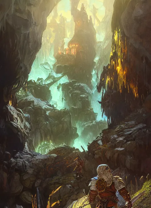 Prompt: Dwarven miner exploring deep caverns. Fantasy concept art. Moody Epic painting by James Gurney, and Alphonso Mucha. ArtstationHQ. painting with Vivid color. (Dragon age, witcher 3, lotr)