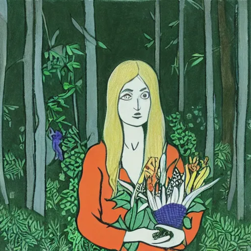 Prompt: ordered dark green by helio oiticica. a drawing of a vasilisa standing in the forest, surrounded by animals. she is holding a basket of flowers in one hand & a spindle in the other. gentle expression. in the background, the forest is dark & mysterious.