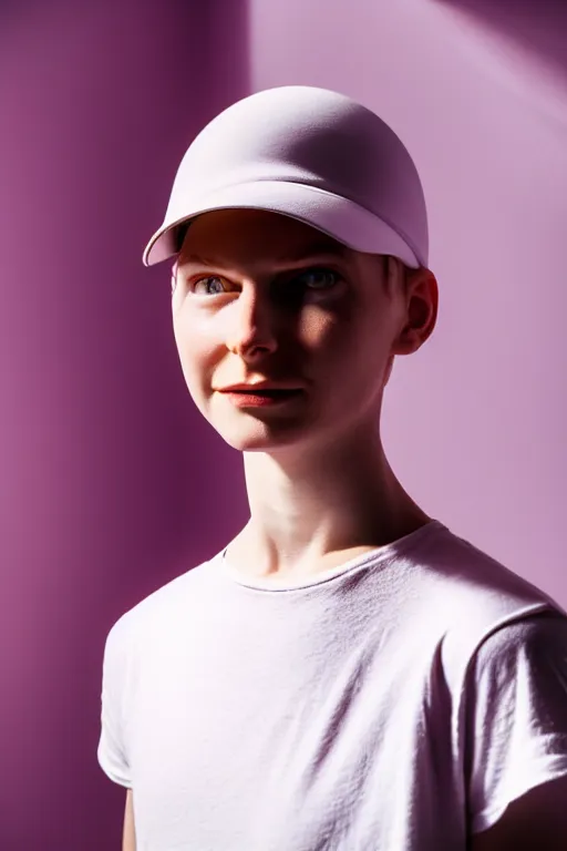 Prompt: a high definition film photograph of a normal androgynous robot human wearing a plain white t - shirt, in a pastel pink room. happy. silver visor covering eyes. crushed shadows.