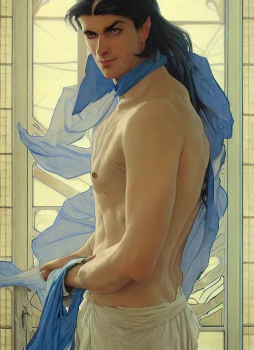 Prompt: a painting of a slender, clean shaven 35 year old man with blue eyes and white hair. He has a sharp nose and a witty, smug expression. by Artgerm and Greg Rutkowski and Alphonse Mucha, dramatic studio lighting