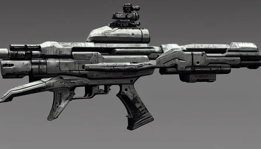 Prompt: extremely detailed realistic side view of a sci fi bullpup gauss rifle, detailed pistol trigger, chemically propelled, massive battery, smooth streamline, side fed, railgun, chemrail, gauss, elegant sleek smooth body, white paint, sleek utopian design, ultra high quality, photo, octane, call of duty, warframe, terminator