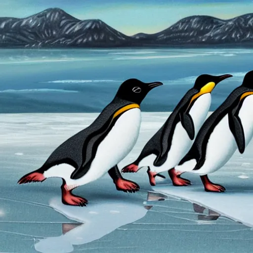 Image similar to penguins running away from lightening strikes while running on ice,, highly detailed, high quality, 8 k, soft lighting, art by mary jackson