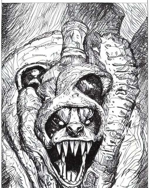 Image similar to an illustration of teddy ruxpin, full body, pen-and-ink illustration, etching, by Russ Nicholson, DAvid A Trampier, larry elmore, 1981, HQ scan, intricate details, Monster Manula, Fiend Folio