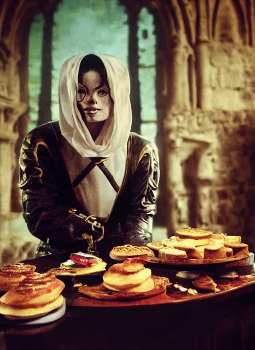 Image similar to closeup portrait of a medieval michael jackson eating cakes in the abbey, depth of field, zeiss lens, detailed, symmetrical, centered, fashion photoshoot, by annie leibovitz and steve mccurry, david lazar, jimmy nelsson, breathtaking, 8 k resolution, extremely detailed, beautiful, establishing shot, artistic, hyperrealistic, beautiful face, octane render