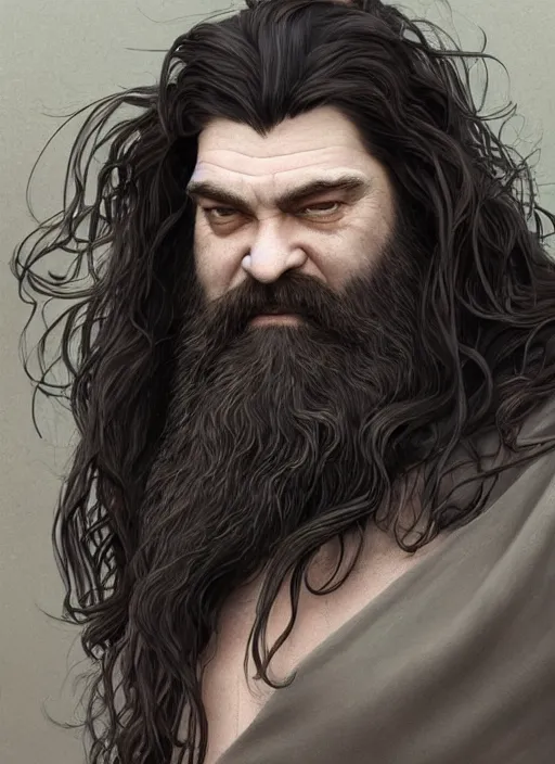 Prompt: portrait of a herculean well groomed hagrid with flowing long deep black hair, epic beard, style of god of war, swarm of sand, intricate, elegant, highly detailed, digital painting, artstation, concept art, smooth, sharp focus, illustration, art by artgerm and greg rutkowski and alphonse mucha, 8 k
