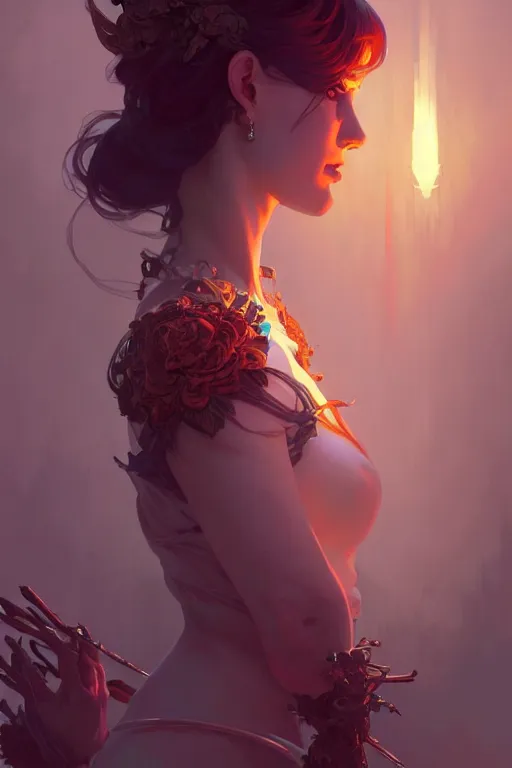 Image similar to a beautiful necromancer woman, fantasy, sharp focus, intricate, elegant, digital painting, artstation, matte, highly detailed, concept art, illustration, ambient lighting, art by ilya kuvshinov, artgerm, Alphonse mucha, and Greg Rutkowski