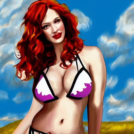 Image similar to christina hendricks with cow girl bikini, digital art