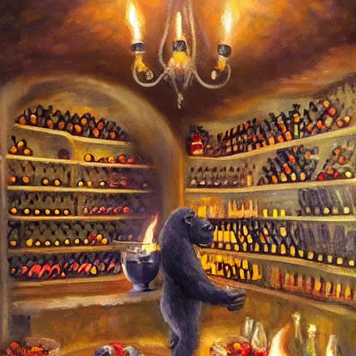 Image similar to wine cellar full of food, torches on the wall, romantic, inviting, cozy, harambe gorilla, painting Vladimir Volegov