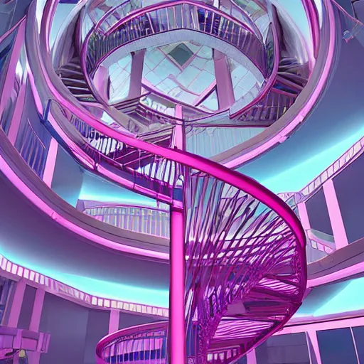 Image similar to a pink and blue interior with a spiral staircase, a raytraced image by Ricardo Bofill, featured on tumblr, retrofuturism, vaporwave, rendered in unreal engine, y2k aesthetic