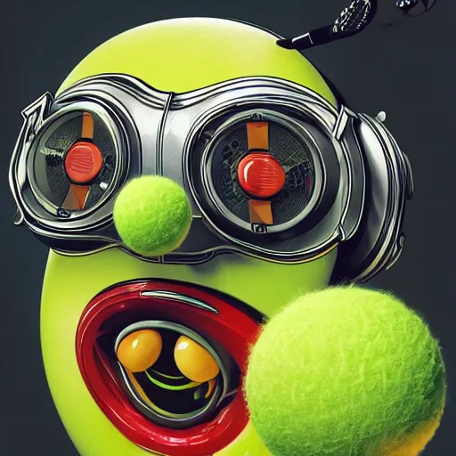 Prompt: a portrait of an anthropomorphic tennis ball monster by sandra chevrier, detailed render, tape deck, boombox, headphones, epic composition, cybernetics, 4 k realistic, cryengine, realistic shaded lighting, sharp focus, masterpiece, by matteo scalera, gary montalbano, peter elson in the style of the tokyo ghost comic