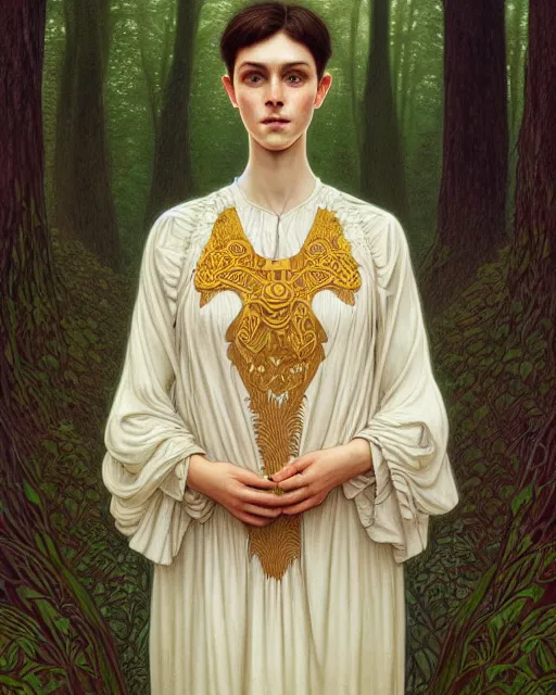 Image similar to symmetry portrait of welsh brunette student in mans tunic, embroidery, tomboy, short hair, intricate forest background, intricate, elegant, highly detailed, digital painting, artstation, concept art, smooth, sharp focus, illustration, art by artgerm and greg rutkowski and fra angelico and alphons mucha