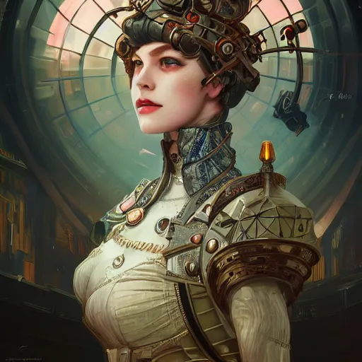 Image similar to portrait futuristic queen elizabeth steampunk half - cyborg, neon light rooftop, fantasy, intricate and very very beautiful and elegant, highly detailed, digital painting, artstation, concept art, smooth and sharp focus, illustration, art by tan zi and ayanamikodon and alphonse mucha and wlop