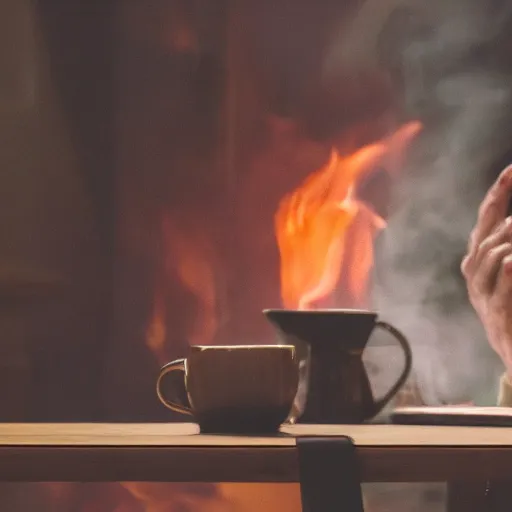 Image similar to an orange humanlike dog in his house, sitting at his table, a coffee on the table, surrounded by flames and fire, smoke above him