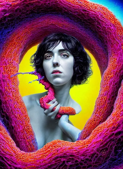 Prompt: hyper detailed 3d render like a Oil painting - Ramona Flowers with black hair in thick mascara seen Eating of the Strangling suffocating network of colorful yellowcake and aerochrome and milky Fruit and Her delicate Hands hold of gossamer polyp blossoms bring iridescent fungal flowers whose spores black the foolish stars by Jacek Yerka, Mariusz Lewandowski, Houdini algorithmic generative render, Abstract brush strokes, intense eyes, Masterpiece, Edward Hopper and James Gilleard, Zdzislaw Beksinski, Mark Ryden, Wolfgang Lettl, Dan Hiller, hints of Yayoi Kasuma, octane render, 8k