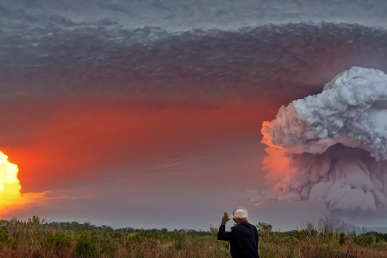 Image similar to old man watching a nuclear explosion, 4k