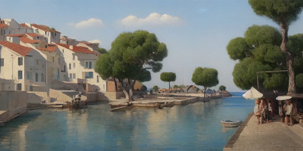 Image similar to a beautiful painting of a mediterranean fishing village in summer by peter ilsted, whitewashed housed, cypress trees, cyan shutters on windows, trending and featured on artstation and behance, people walking down a street