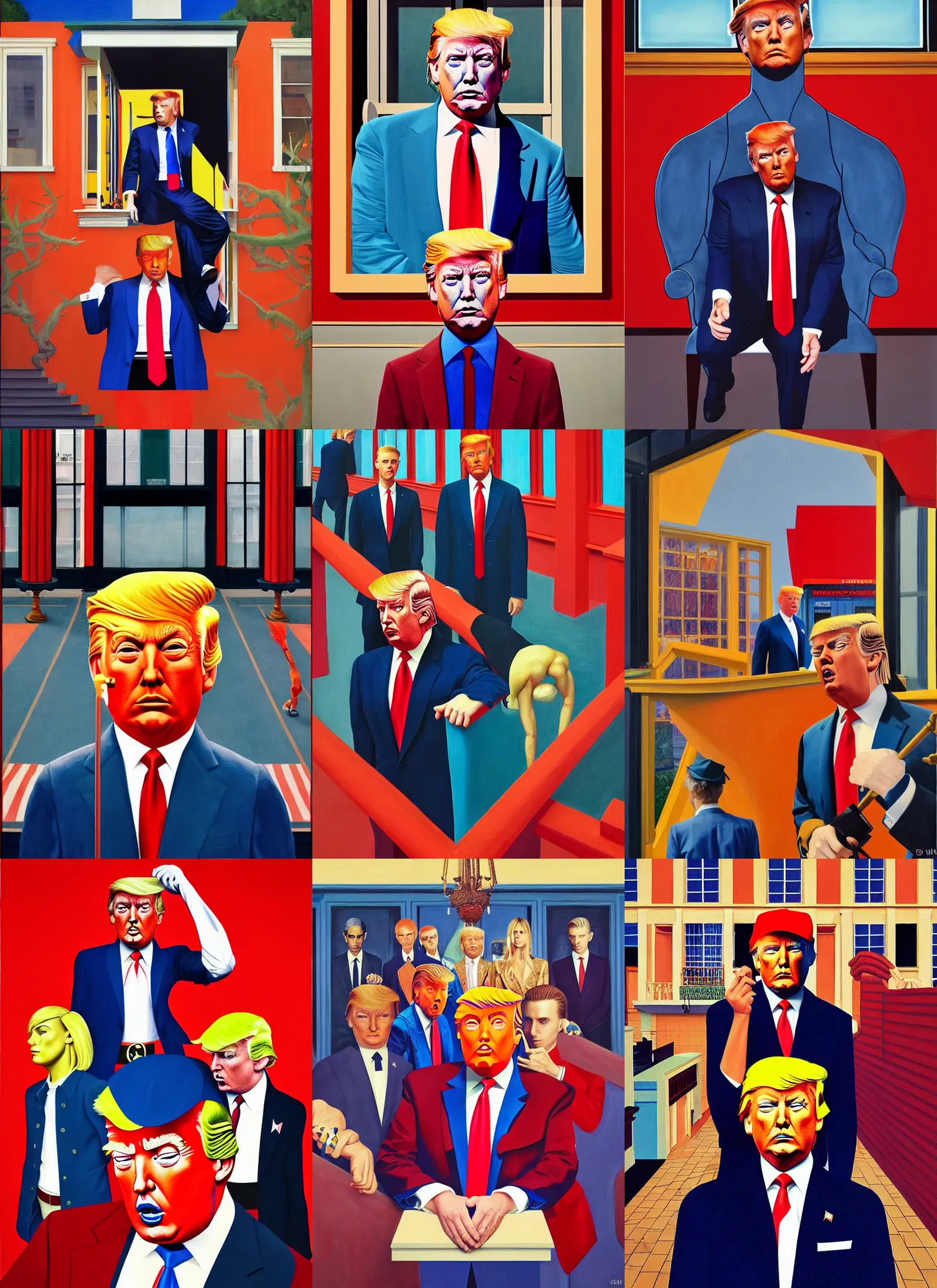 Prompt: painting of donald trump designed by gucci and wes anderson, energetic, cinematic look, in the style of edward hopper, james jean, petra collins and mc. escher