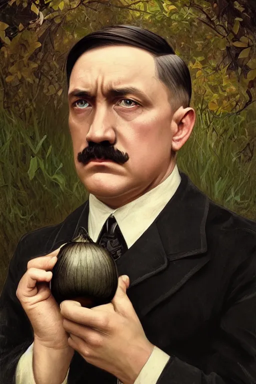 Prompt: beautiful cottagecore adolf hitler holding a Black Onion, blonde Hair, dark forest, intricate, elegant, highly detailed, digital painting, artstation, concept art, smooth, sharp, focus, illustration, art by artgerm and greg rutkowski and alphonse mucha