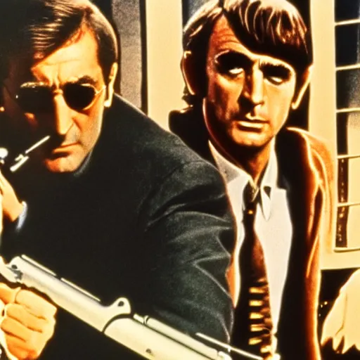 Image similar to john lennon pointing a gun at sean connery, james bond, 1960s film poster