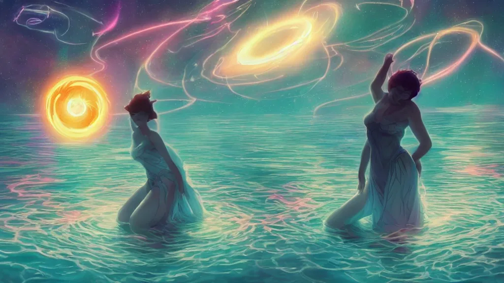 Image similar to a beautiful whimsical goddess floating above a lake basking in the moonlight, firebending, underneath a multi-colored binary blackhole with an accretion disc, glowing trails following her arms, synthwave, by Lois van Baarle, by Greg Rutkowski, by artgerm, by beeple, by studio ghibli, cinematic angle, volumetric lighting, 4k resolution, octane render, trending on artstation, masterpiece