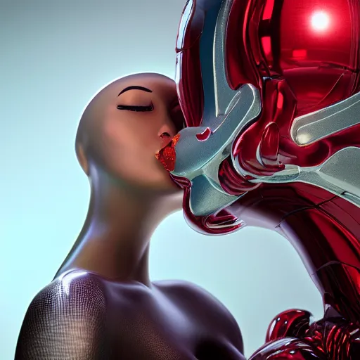 Image similar to kiss of the sweet flirty gynoid, octane, cgi, highly detailed, photorealistic,