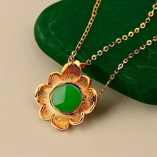 Image similar to simple embroidered clover necklace with jade stone, hyper realistic