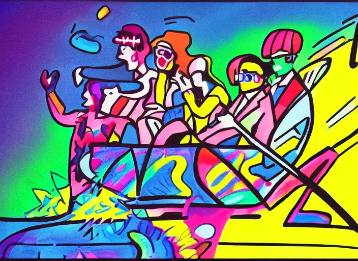 Prompt: a squad riding to party inside car, 5 people, water splashes, pop art, party lightning, evening, kandinsky, trending on art station, prolongated lines, neon tails, photorealistic style