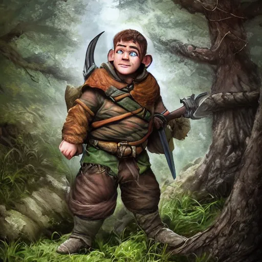 Prompt: a handsome young rugged halfling ranger with blue eyes and a dark green hood and cloak stalking prey in the forest, adventure gear, by Tony Sart, trending on ArtStation, realistic, detailed